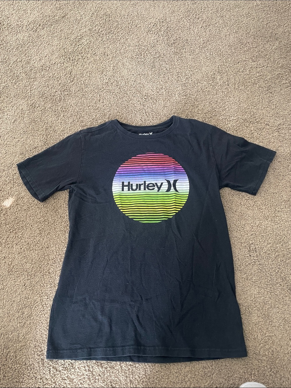 Hurley Black Tee with Multicolor Striped Circle Logo